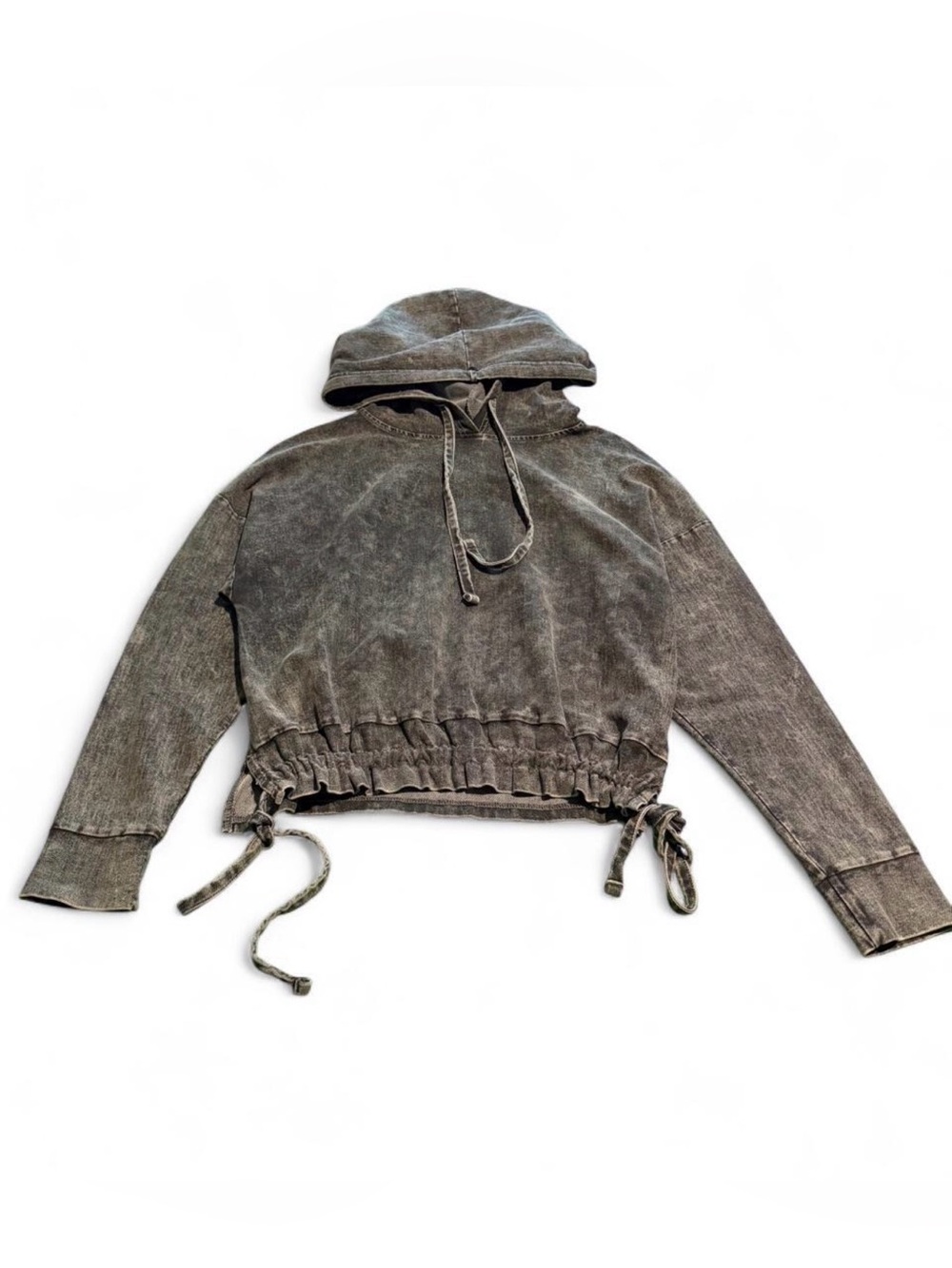Baggy gray cropped hoodie with tie waist and hood, size XS